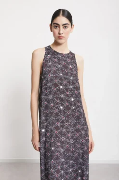 Langes Kleid aus bedrucker Viskose mit Schlitz