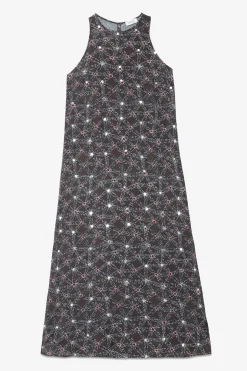 Langes Kleid aus bedrucker Viskose mit Schlitz